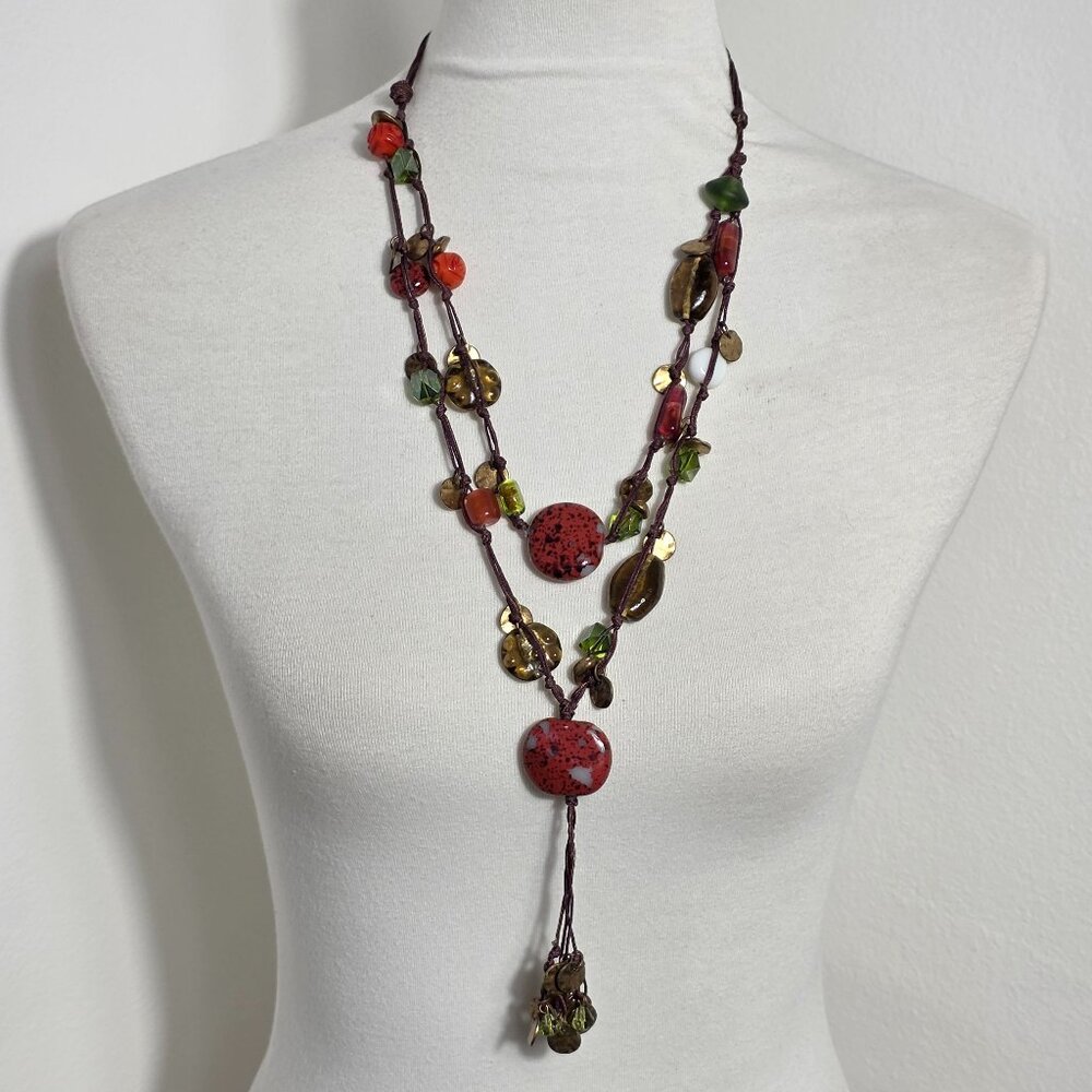 Chico's Vintage Glass Bead Necklace Boho Style Double Layered Brown Cord